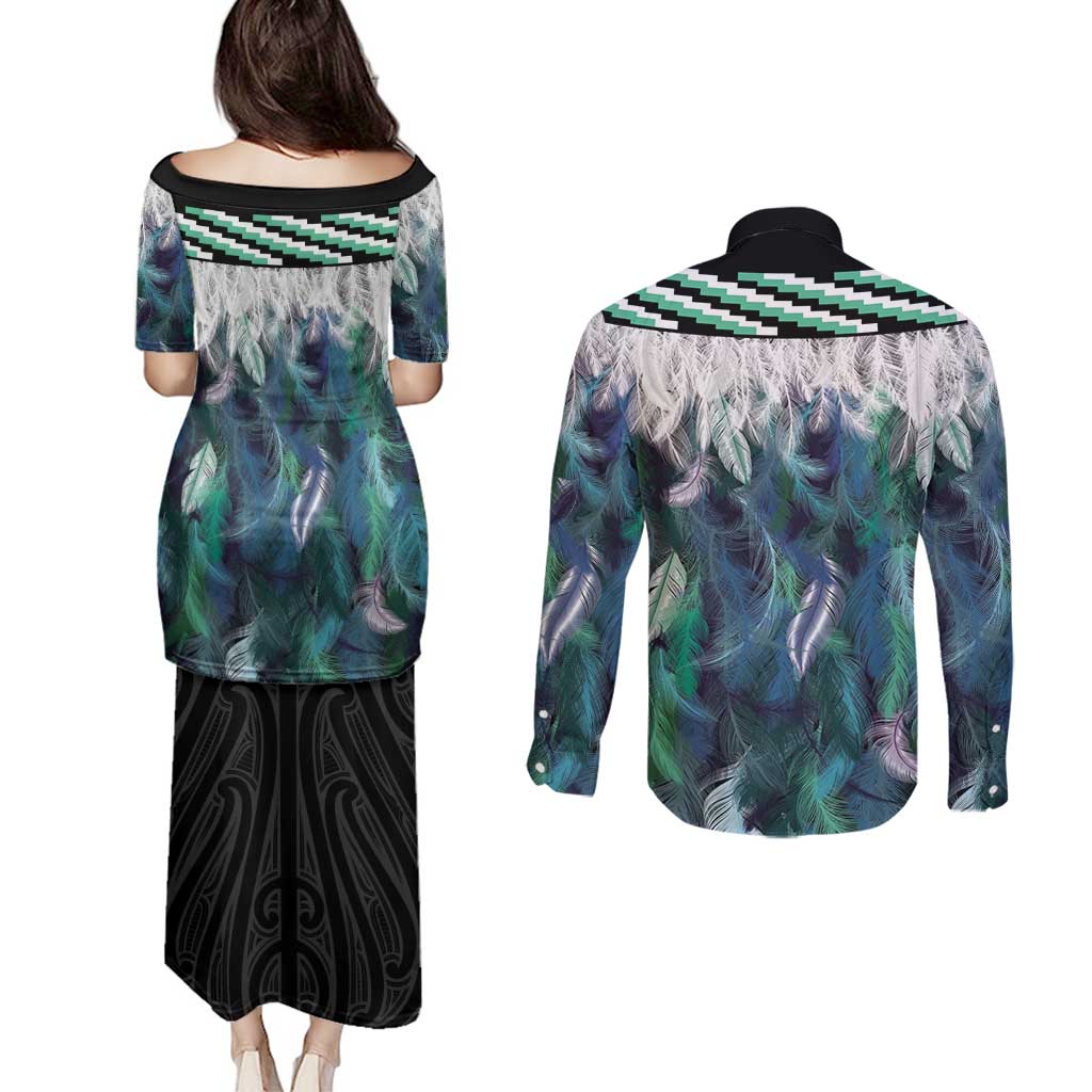 Aotearoa Korowai Motif Couples Matching Puletasi and Long Sleeve Button Shirt Maori Tane Poutama
