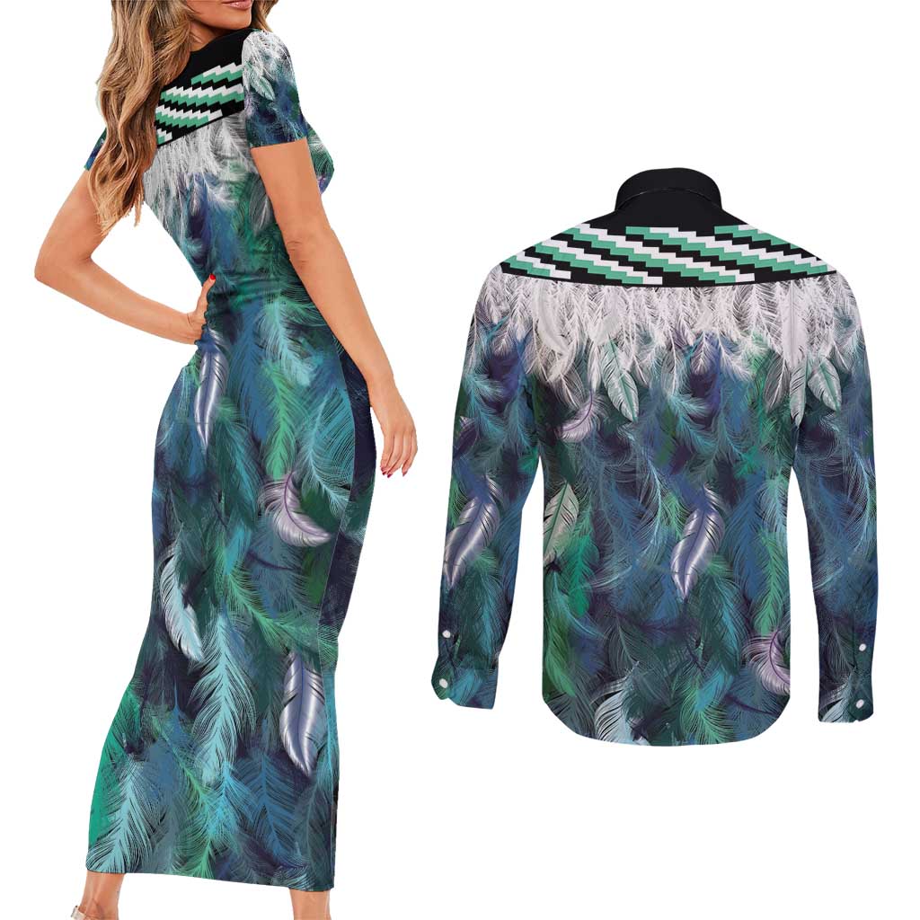 Aotearoa Korowai Motif Couples Matching Short Sleeve Bodycon Dress and Long Sleeve Button Shirt Maori Tane Poutama