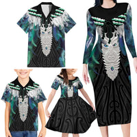 Aotearoa Korowai Motif Family Matching Long Sleeve Bodycon Dress and Hawaiian Shirt Maori Tane Poutama
