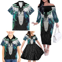Aotearoa Korowai Motif Family Matching Off The Shoulder Long Sleeve Dress and Hawaiian Shirt Maori Tane Poutama