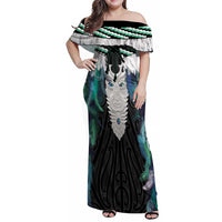 Aotearoa Korowai Motif Family Matching Off Shoulder Maxi Dress and Hawaiian Shirt Maori Tane Poutama
