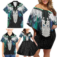 Aotearoa Korowai Motif Family Matching Off Shoulder Short Dress and Hawaiian Shirt Maori Tane Poutama