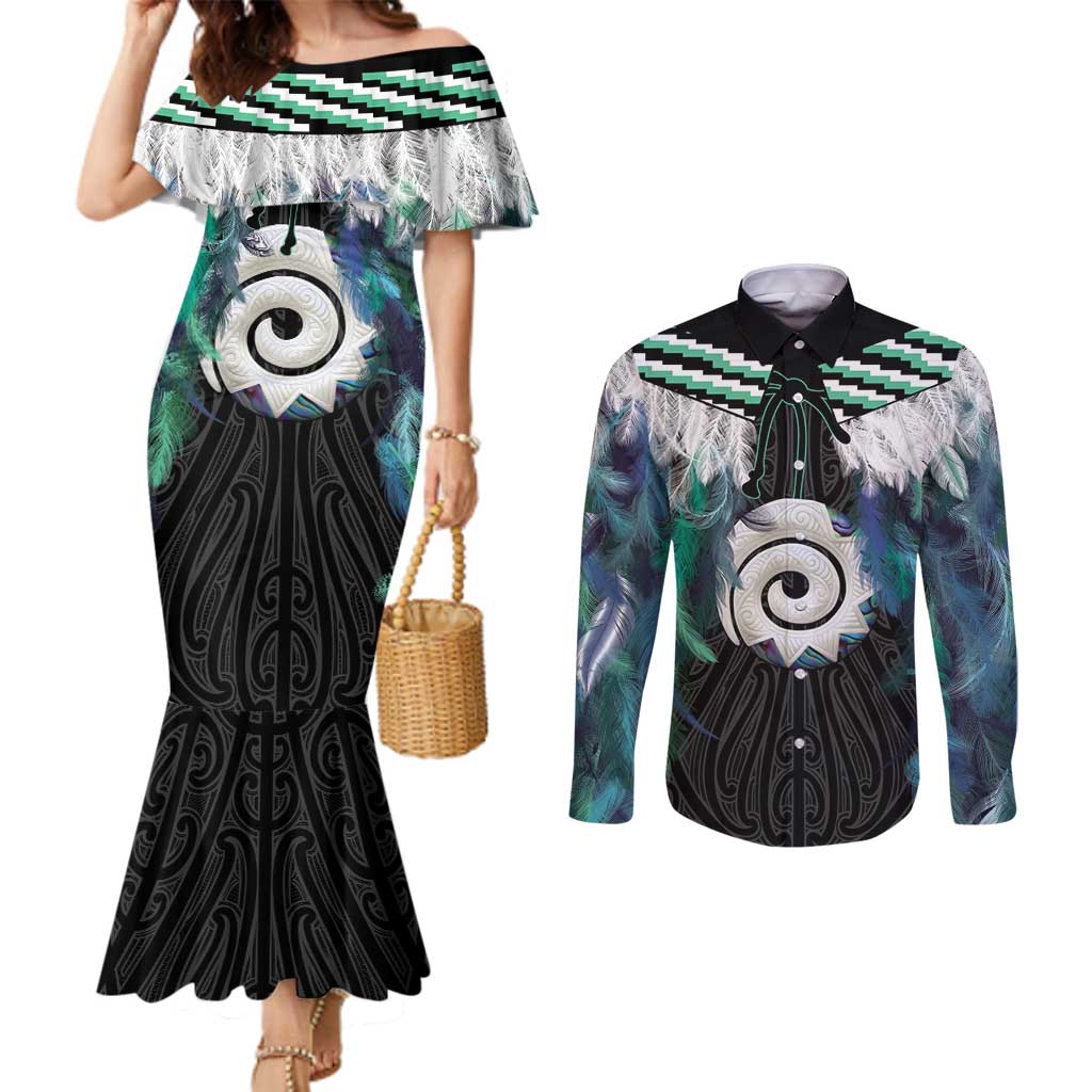 Aotearoa Korowai Motif Couples Matching Mermaid Dress and Long Sleeve Button Shirt Maori Koru Poutama LT14 Turquoise - Polynesian Pride