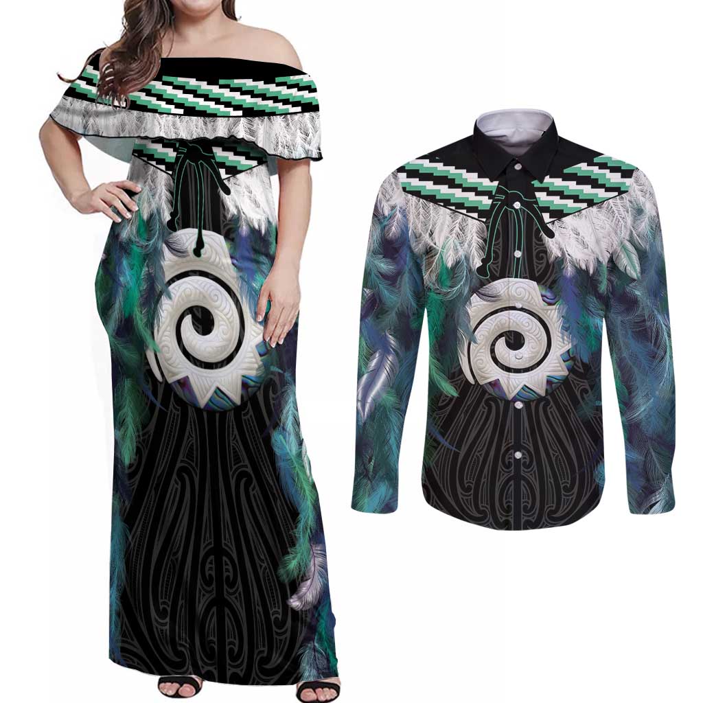 Aotearoa Korowai Motif Couples Matching Off Shoulder Maxi Dress and Long Sleeve Button Shirt Maori Koru Poutama LT14 Turquoise - Polynesian Pride