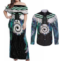 Aotearoa Korowai Motif Couples Matching Off Shoulder Maxi Dress and Long Sleeve Button Shirt Maori Koru Poutama LT14 Turquoise - Polynesian Pride