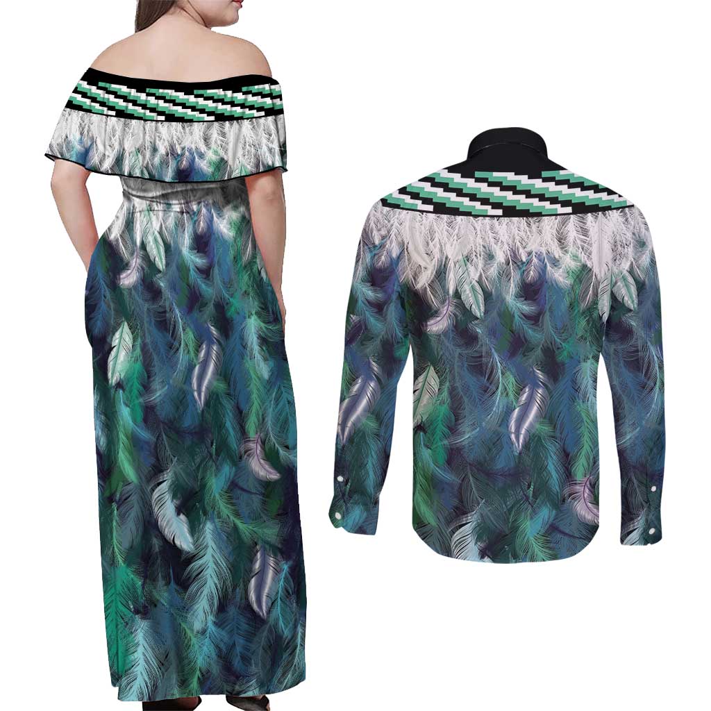 Aotearoa Korowai Motif Couples Matching Off Shoulder Maxi Dress and Long Sleeve Button Shirt Maori Koru Poutama LT14 - Polynesian Pride