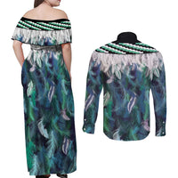Aotearoa Korowai Motif Couples Matching Off Shoulder Maxi Dress and Long Sleeve Button Shirt Maori Koru Poutama LT14 - Polynesian Pride