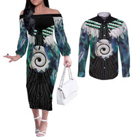 Aotearoa Korowai Motif Couples Matching Off The Shoulder Long Sleeve Dress and Long Sleeve Button Shirt Maori Koru Poutama