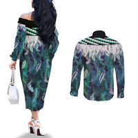 Aotearoa Korowai Motif Couples Matching Off The Shoulder Long Sleeve Dress and Long Sleeve Button Shirt Maori Koru Poutama