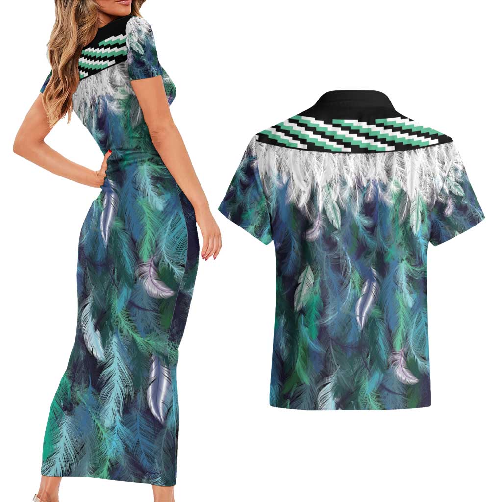 Aotearoa Korowai Motif Couples Matching Short Sleeve Bodycon Dress and Hawaiian Shirt Maori Koru Poutama