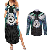 Aotearoa Korowai Motif Couples Matching Summer Maxi Dress and Long Sleeve Button Shirt Maori Koru Poutama LT14 Turquoise - Polynesian Pride