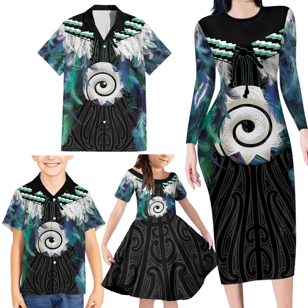 Aotearoa Korowai Motif Family Matching Long Sleeve Bodycon Dress and Hawaiian Shirt Maori Koru Poutama