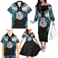 Aotearoa Korowai Motif Family Matching Off The Shoulder Long Sleeve Dress and Hawaiian Shirt Maori Koru Poutama