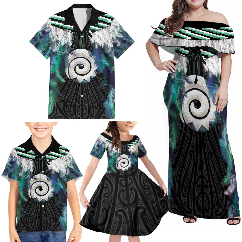 Aotearoa Korowai Motif Family Matching Off Shoulder Maxi Dress and Hawaiian Shirt Maori Koru Poutama
