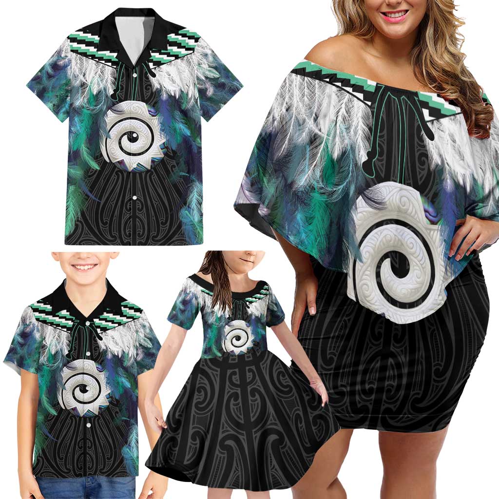 Aotearoa Korowai Motif Family Matching Off Shoulder Short Dress and Hawaiian Shirt Maori Koru Poutama