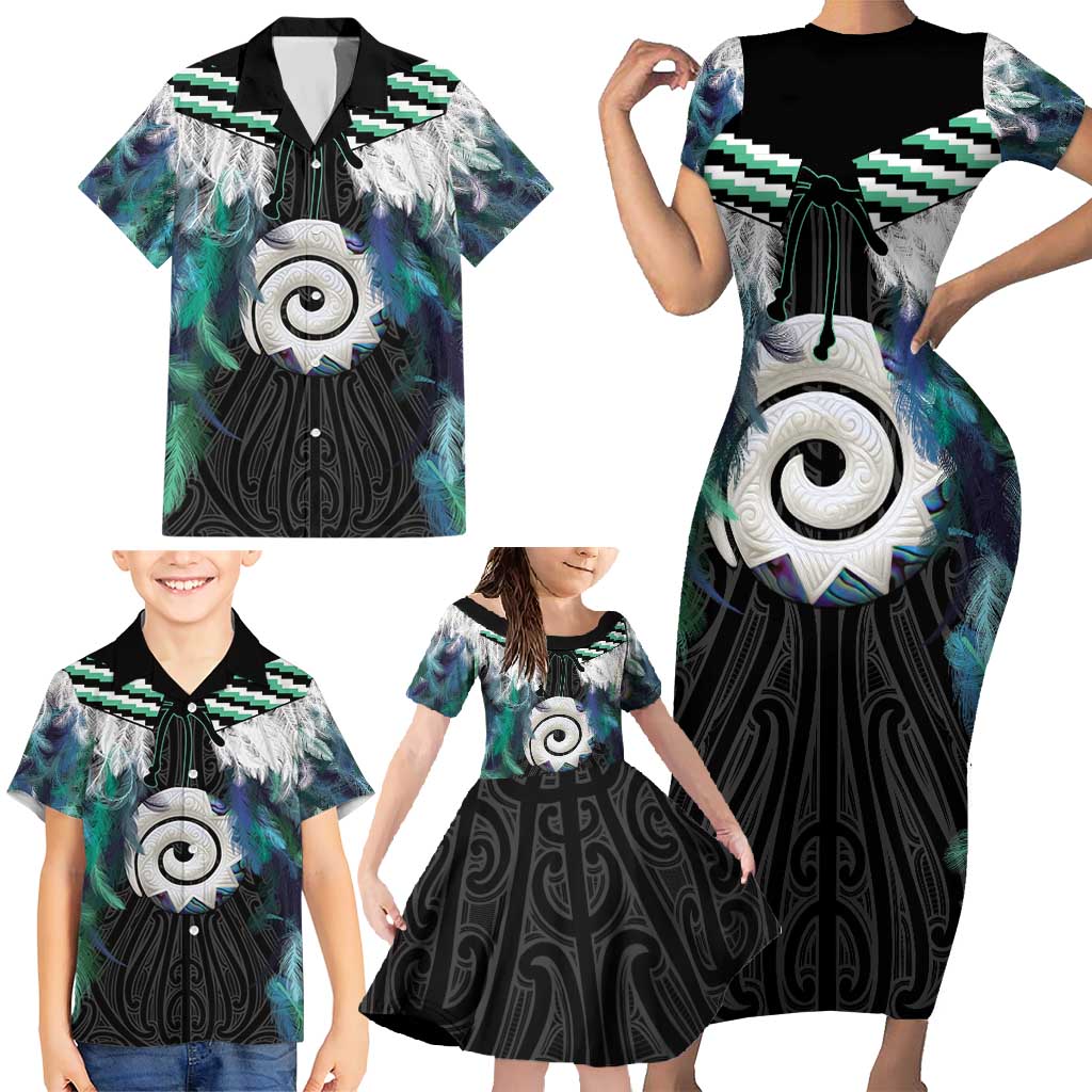 Aotearoa Korowai Motif Family Matching Short Sleeve Bodycon Dress and Hawaiian Shirt Maori Koru Poutama