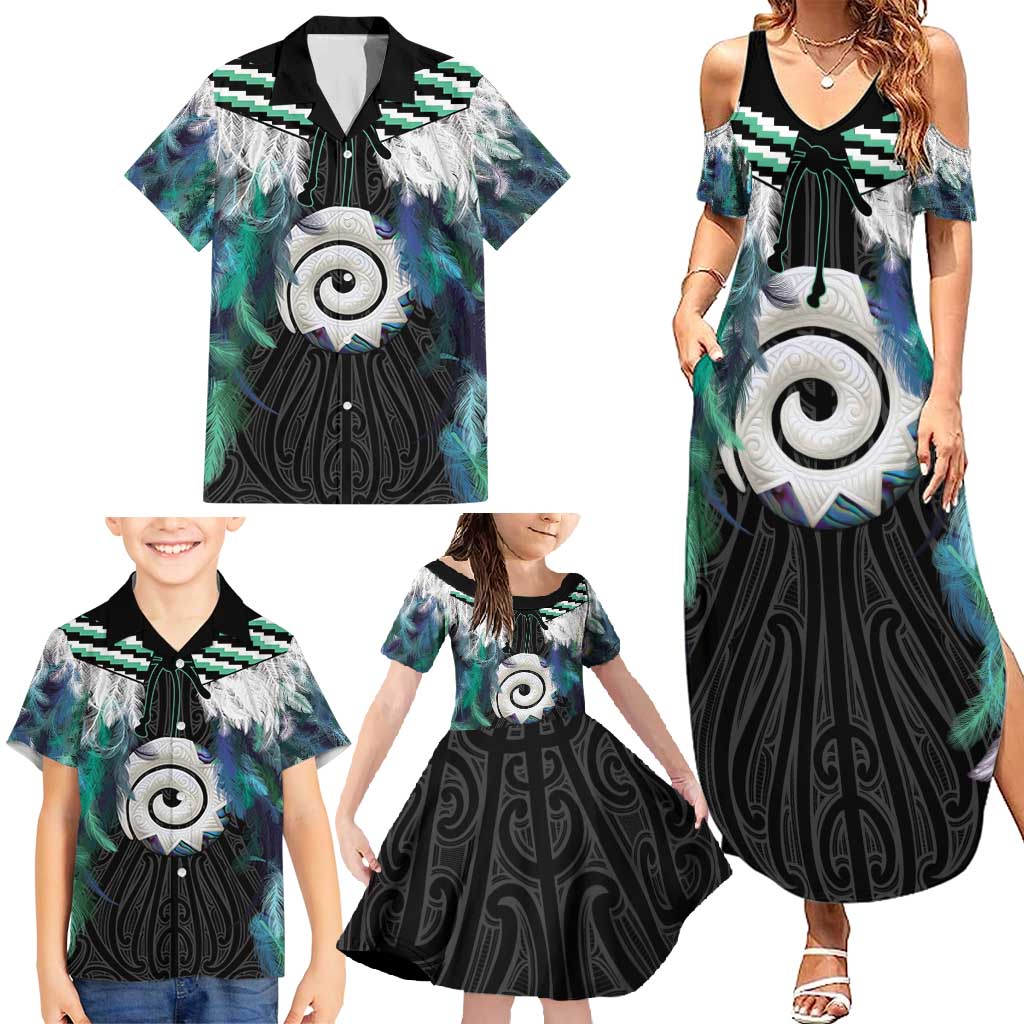 Aotearoa Korowai Motif Family Matching Summer Maxi Dress and Hawaiian Shirt Maori Koru Poutama
