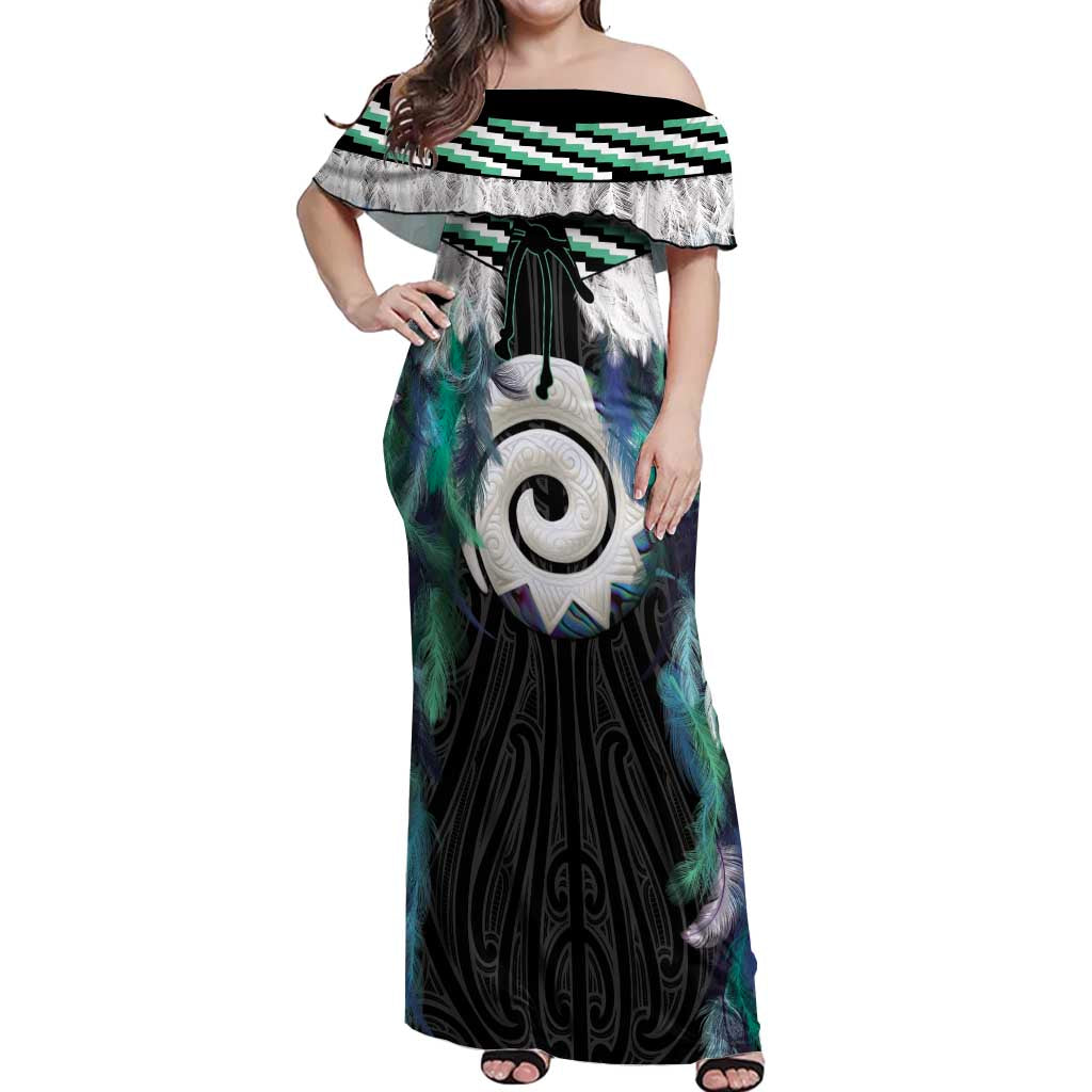 Aotearoa Korowai Motif Off Shoulder Maxi Dress Maori Koru Poutama
