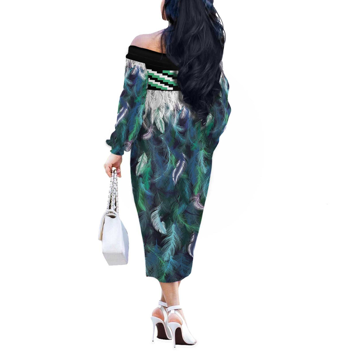 Aotearoa Korowai Motif Off The Shoulder Long Sleeve Dress Maori Koru Poutama
