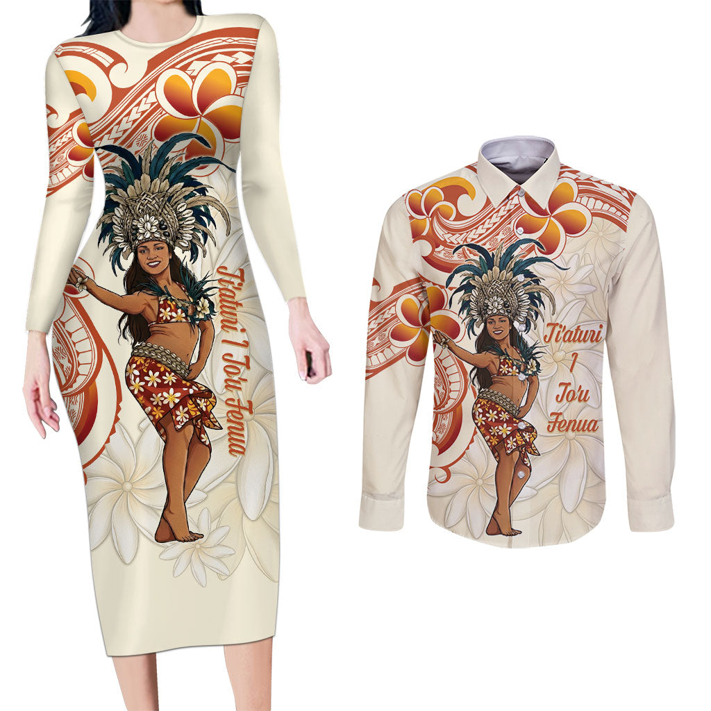 Heiva i Tahiti Couples Matching Long Sleeve Bodycon Dress and Long Sleeve Button Shirt Ori Tahitian Dance Tiare Maori LT14 Beige - Polynesian Pride