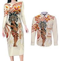 Heiva i Tahiti Couples Matching Long Sleeve Bodycon Dress and Long Sleeve Button Shirt Ori Tahitian Dance Tiare Maori LT14 Beige - Polynesian Pride