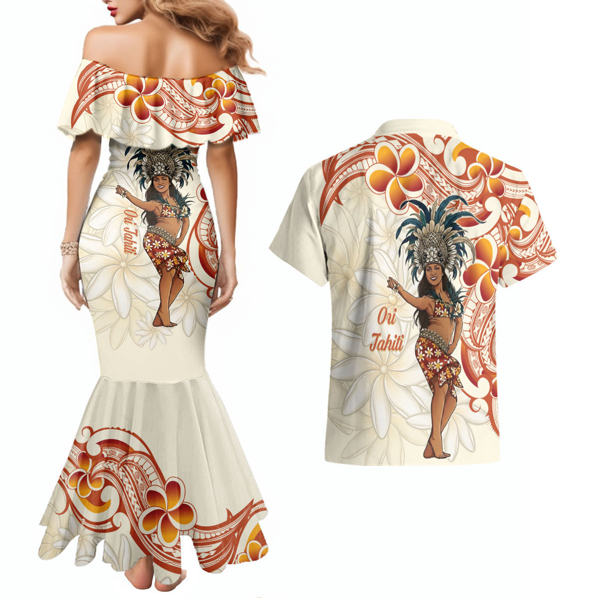 Heiva i Tahiti Couples Matching Mermaid Dress and Hawaiian Shirt Ori Tahitian Dance Tiare Maori
