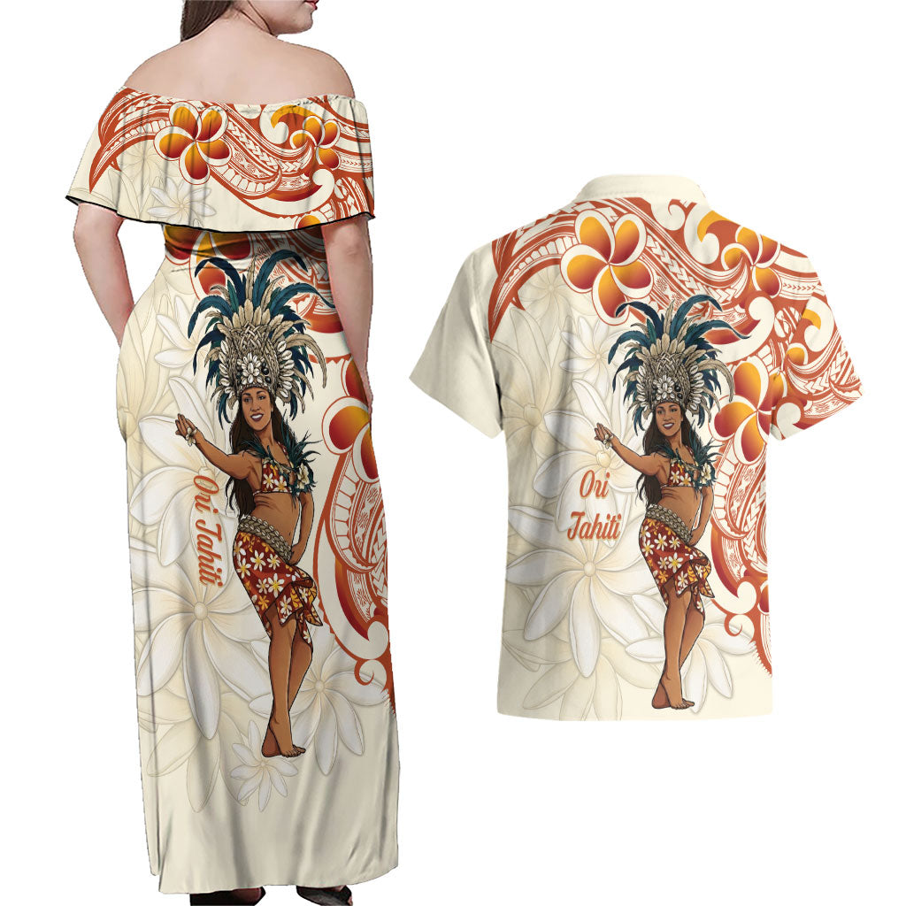 Heiva i Tahiti Couples Matching Off Shoulder Maxi Dress and Hawaiian Shirt Ori Tahitian Dance Tiare Maori