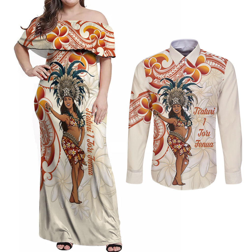 Heiva i Tahiti Couples Matching Off Shoulder Maxi Dress and Long Sleeve Button Shirt Ori Tahitian Dance Tiare Maori