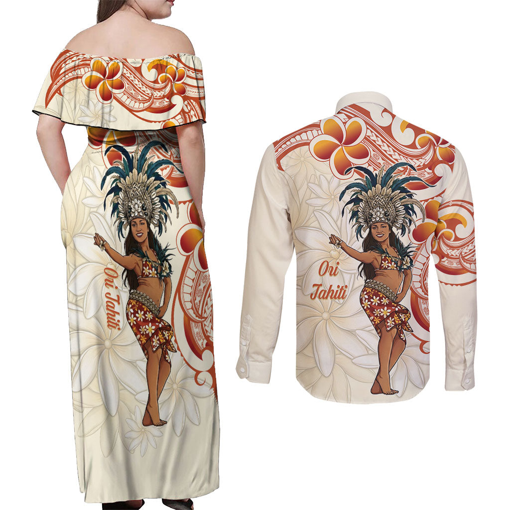 Heiva i Tahiti Couples Matching Off Shoulder Maxi Dress and Long Sleeve Button Shirt Ori Tahitian Dance Tiare Maori