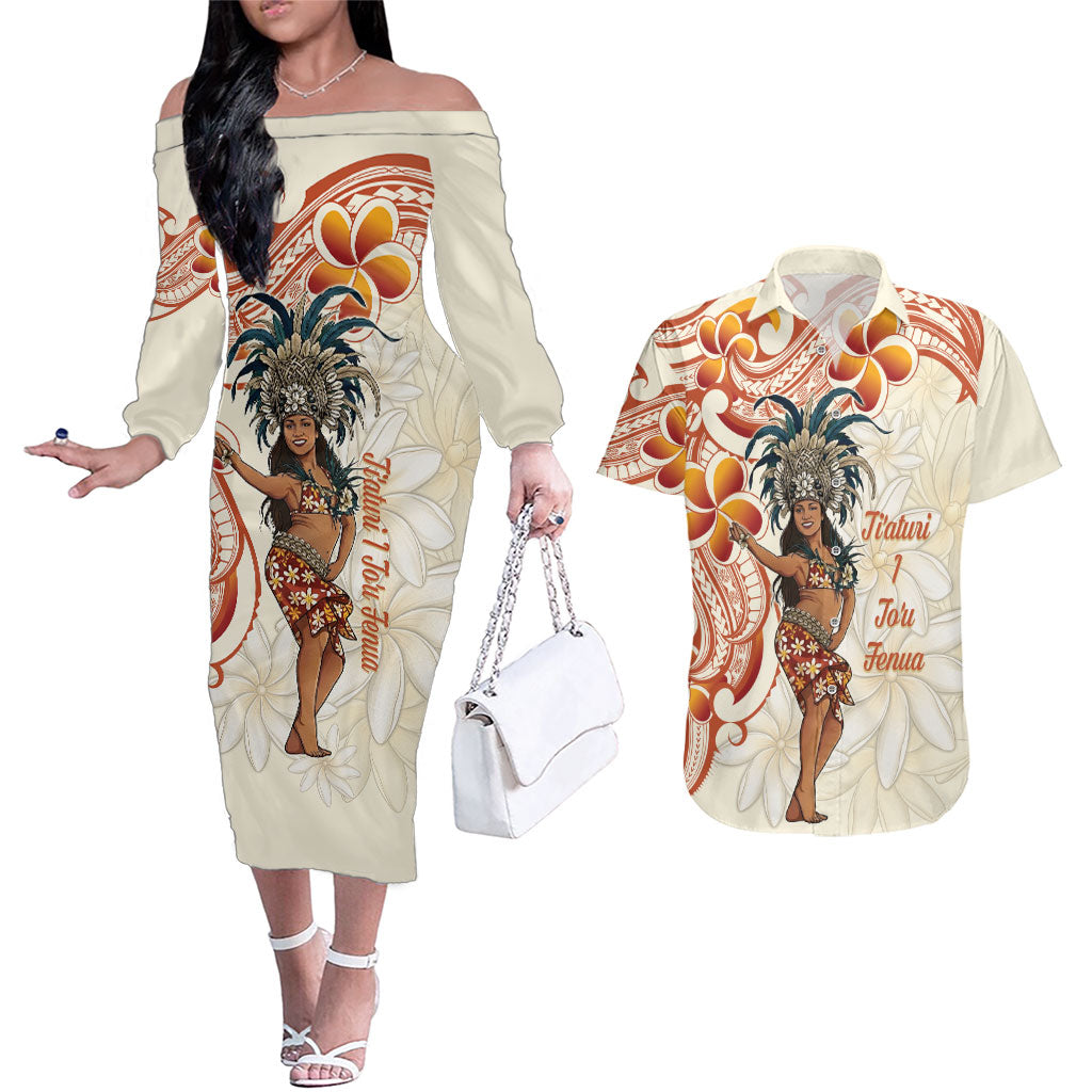 Heiva i Tahiti Couples Matching Off The Shoulder Long Sleeve Dress and Hawaiian Shirt Ori Tahitian Dance Tiare Maori