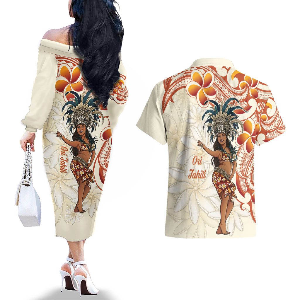 Heiva i Tahiti Couples Matching Off The Shoulder Long Sleeve Dress and Hawaiian Shirt Ori Tahitian Dance Tiare Maori