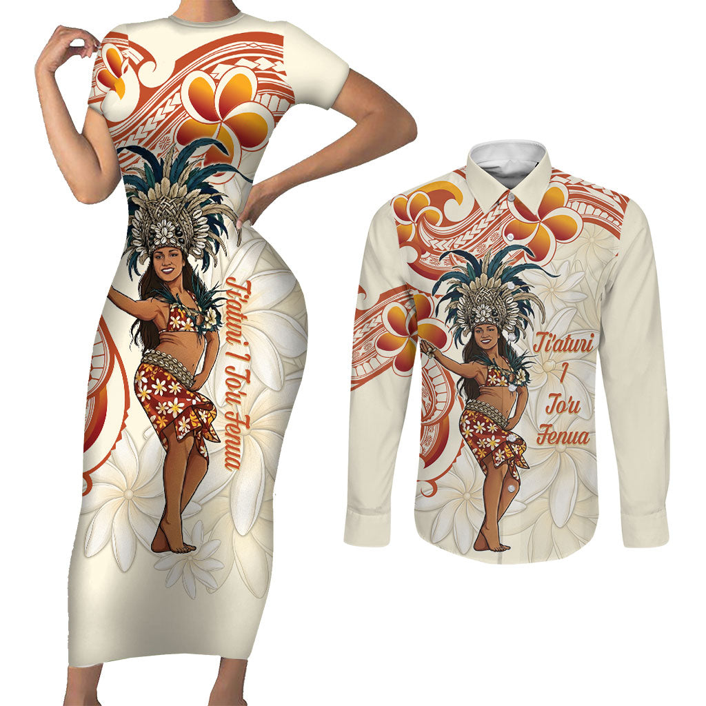 Heiva i Tahiti Couples Matching Short Sleeve Bodycon Dress and Long Sleeve Button Shirt Ori Tahitian Dance Tiare Maori