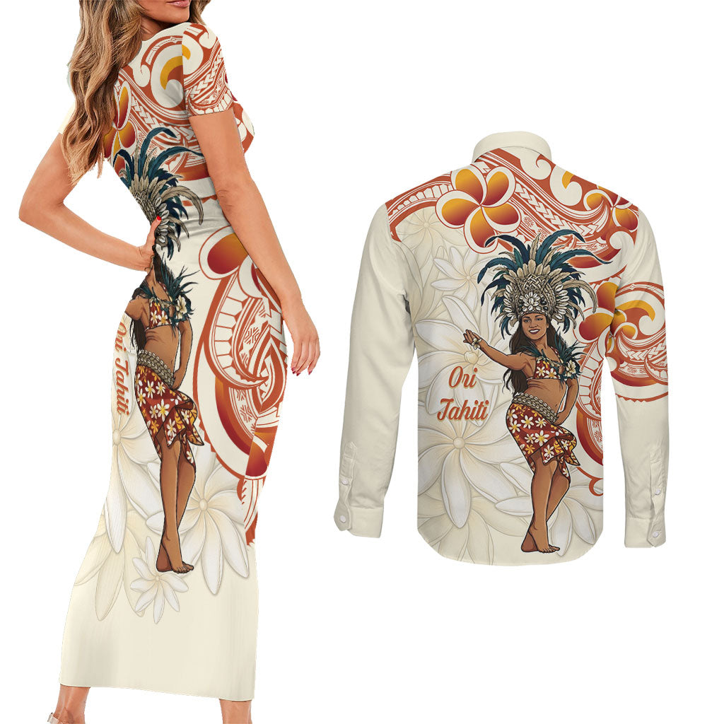Heiva i Tahiti Couples Matching Short Sleeve Bodycon Dress and Long Sleeve Button Shirt Ori Tahitian Dance Tiare Maori