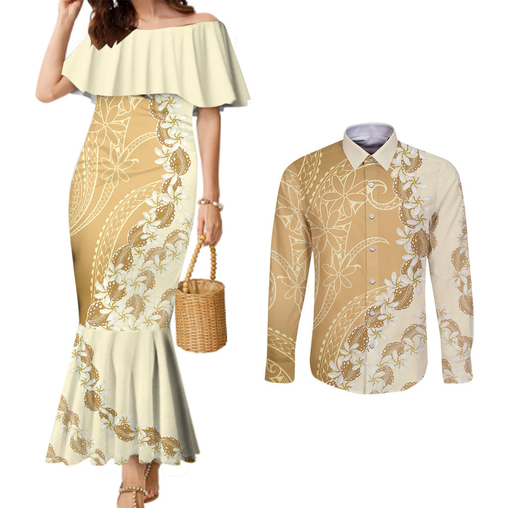 Heiva i Tahiti Couples Matching Mermaid Dress and Long Sleeve Button Shirt Tahitian Tiare Maori Cowrie Lei Brown
