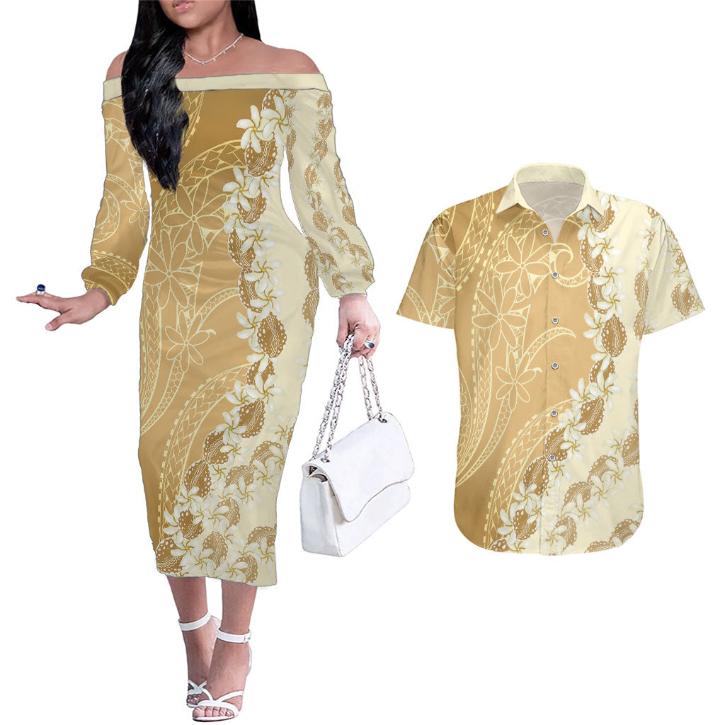Heiva i Tahiti Couples Matching Off The Shoulder Long Sleeve Dress and Hawaiian Shirt Tahitian Tiare Maori Cowrie Lei Brown