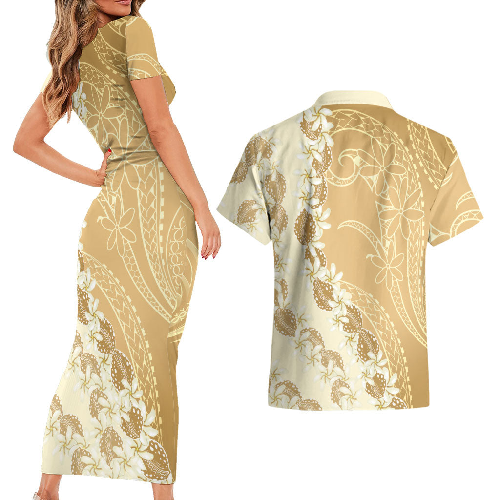 Heiva i Tahiti Couples Matching Short Sleeve Bodycon Dress and Hawaiian Shirt Tahitian Tiare Maori Cowrie Lei Brown