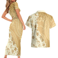 Heiva i Tahiti Couples Matching Short Sleeve Bodycon Dress and Hawaiian Shirt Tahitian Tiare Maori Cowrie Lei Brown
