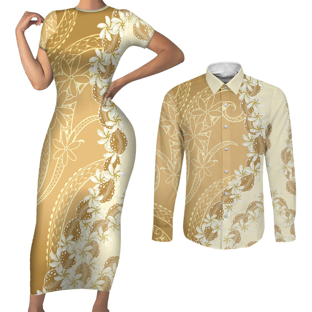 Heiva i Tahiti Couples Matching Short Sleeve Bodycon Dress and Long Sleeve Button Shirt Tahitian Tiare Maori Cowrie Lei Brown