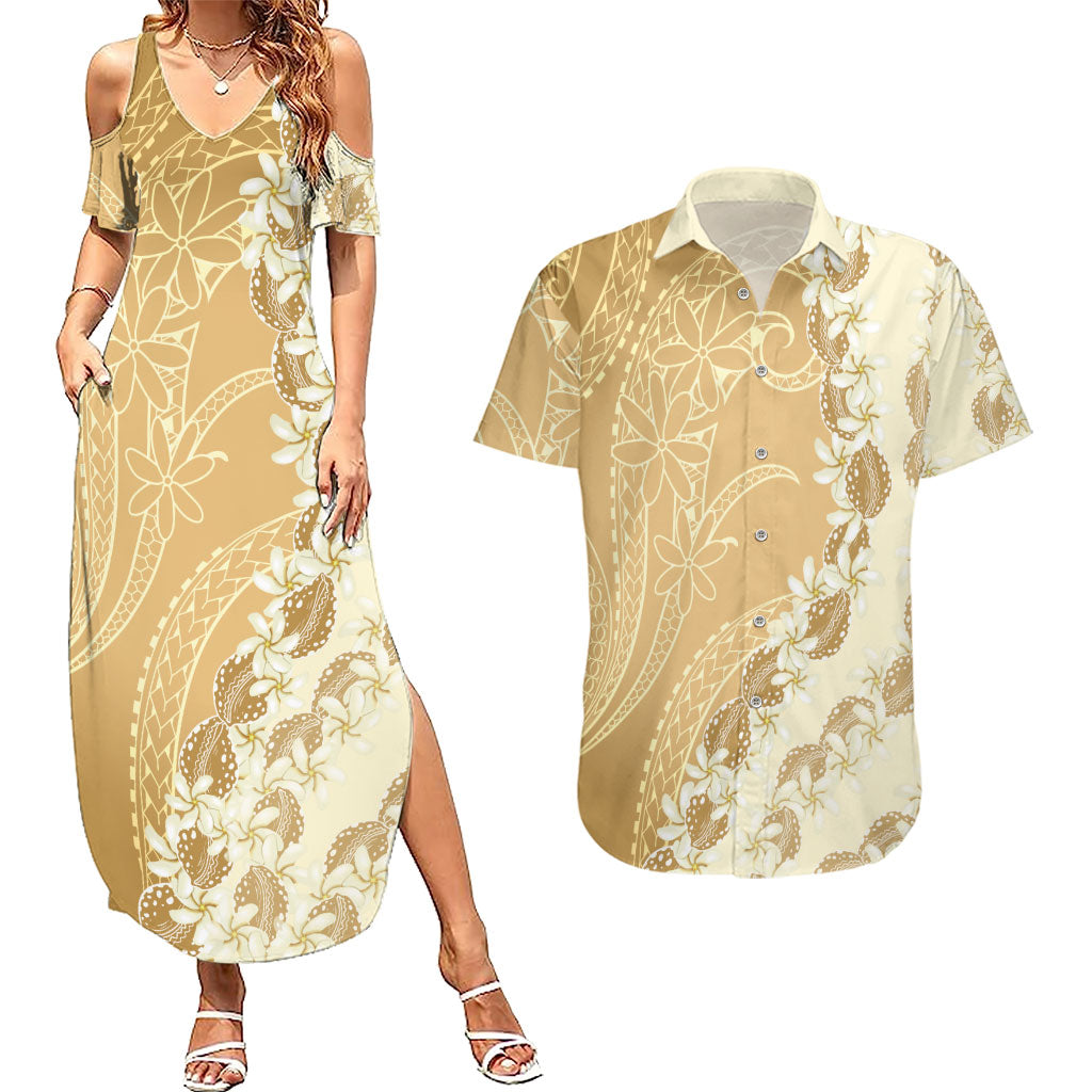 Heiva i Tahiti Couples Matching Summer Maxi Dress and Hawaiian Shirt Tahitian Tiare Maori Cowrie Lei Brown