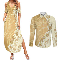 Heiva i Tahiti Couples Matching Summer Maxi Dress and Long Sleeve Button Shirt Tahitian Tiare Maori Cowrie Lei Brown