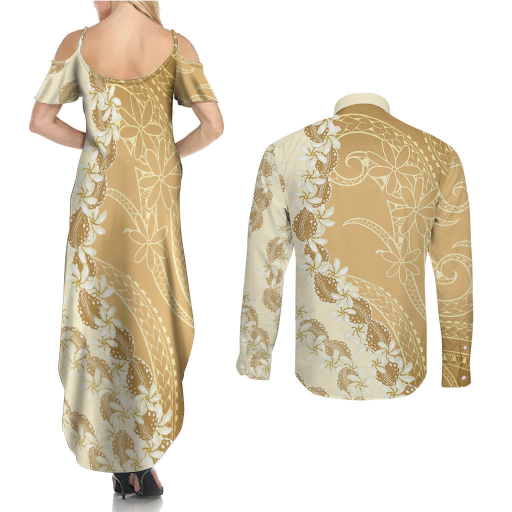 Heiva i Tahiti Couples Matching Summer Maxi Dress and Long Sleeve Button Shirt Tahitian Tiare Maori Cowrie Lei Brown