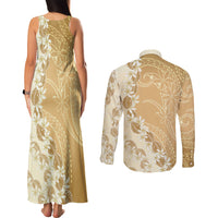 Heiva i Tahiti Couples Matching Tank Maxi Dress and Long Sleeve Button Shirt Tahitian Tiare Maori Cowrie Lei Brown