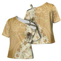 Heiva i Tahiti Cross Shoulder Shirt Tahitian Tiare Maori Cowrie Lei Brown