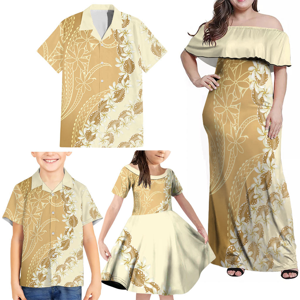 Heiva i Tahiti Family Matching Off Shoulder Maxi Dress and Hawaiian Shirt Tahitian Tiare Maori Cowrie Lei Brown