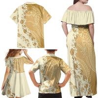 Heiva i Tahiti Family Matching Off Shoulder Maxi Dress and Hawaiian Shirt Tahitian Tiare Maori Cowrie Lei Brown