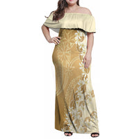 Heiva i Tahiti Family Matching Off Shoulder Maxi Dress and Hawaiian Shirt Tahitian Tiare Maori Cowrie Lei Brown