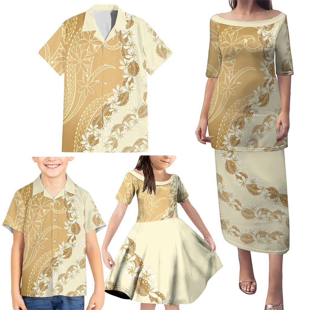 Heiva i Tahiti Family Matching Puletasi and Hawaiian Shirt Tahitian Tiare Maori Cowrie Lei Brown