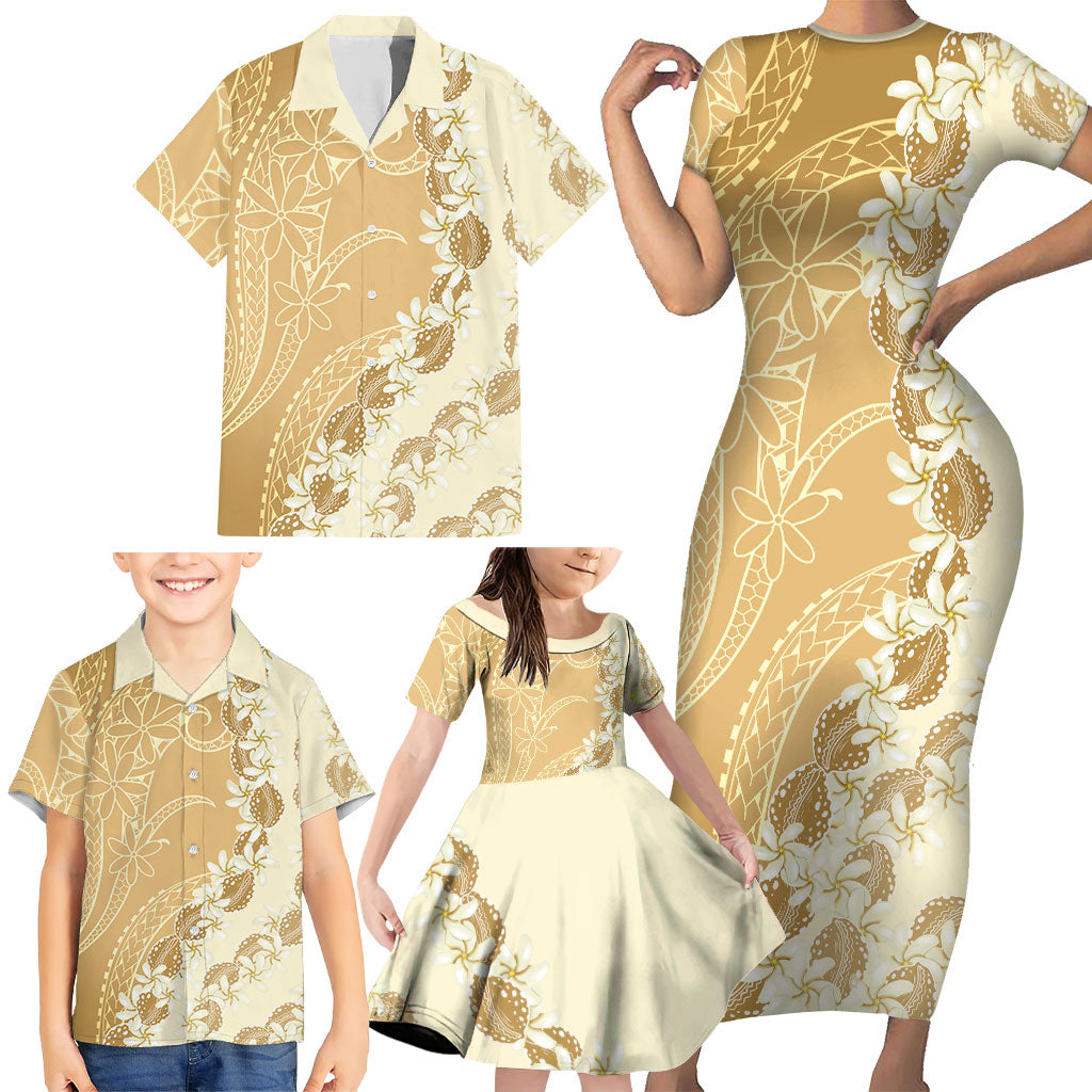 Heiva i Tahiti Family Matching Short Sleeve Bodycon Dress and Hawaiian Shirt Tahitian Tiare Maori Cowrie Lei Brown