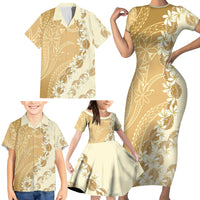 Heiva i Tahiti Family Matching Short Sleeve Bodycon Dress and Hawaiian Shirt Tahitian Tiare Maori Cowrie Lei Brown