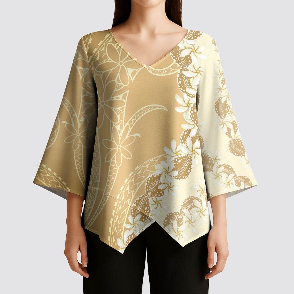 Heiva i Tahiti Kimono Sleeve Blouse Tahitian Tiare Maori Cowrie Lei Brown